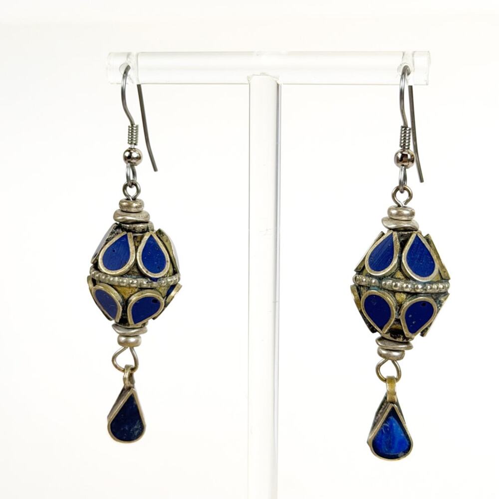 Lapis Lazuli and Gold-Tone Round Dangly Earrings